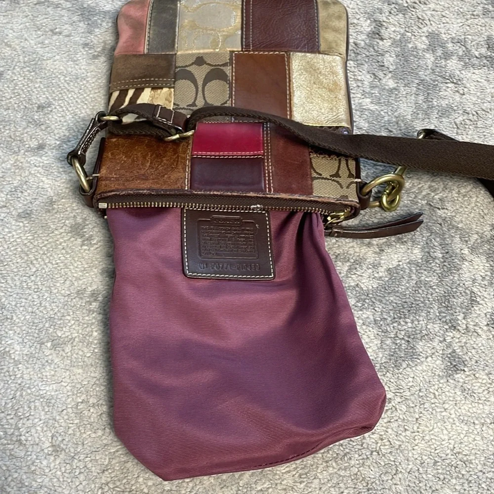 Coach Patchwork Swingpack Flat Crossbody Bag Suede Leather Signature F10439